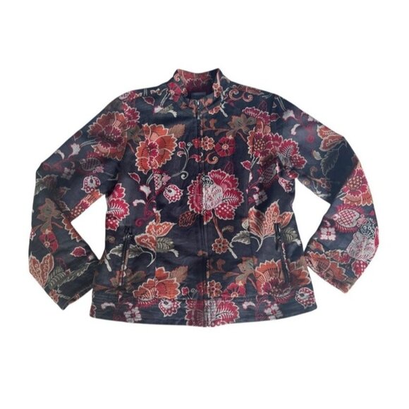 Chico's Women's Size 1 (Small) Black Full Zip Red Orange Floral Print Jacket - Picture 9 of 9